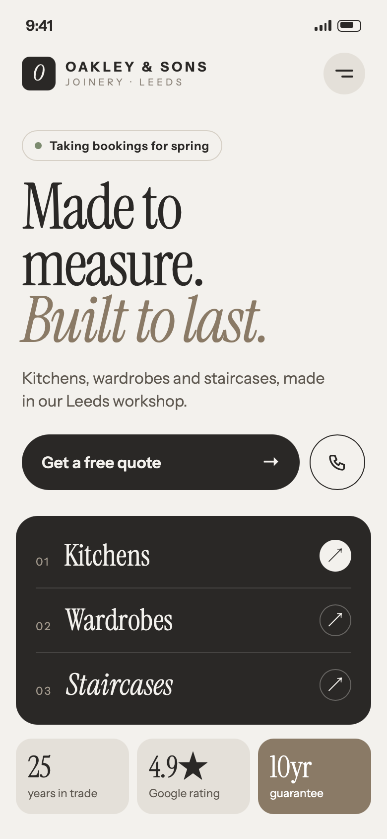 The same joinery website on a phone